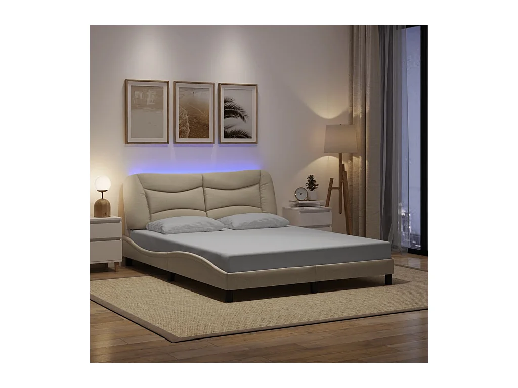 Cadre de lit avec LED sans matelas crème 160x200 cm tissu