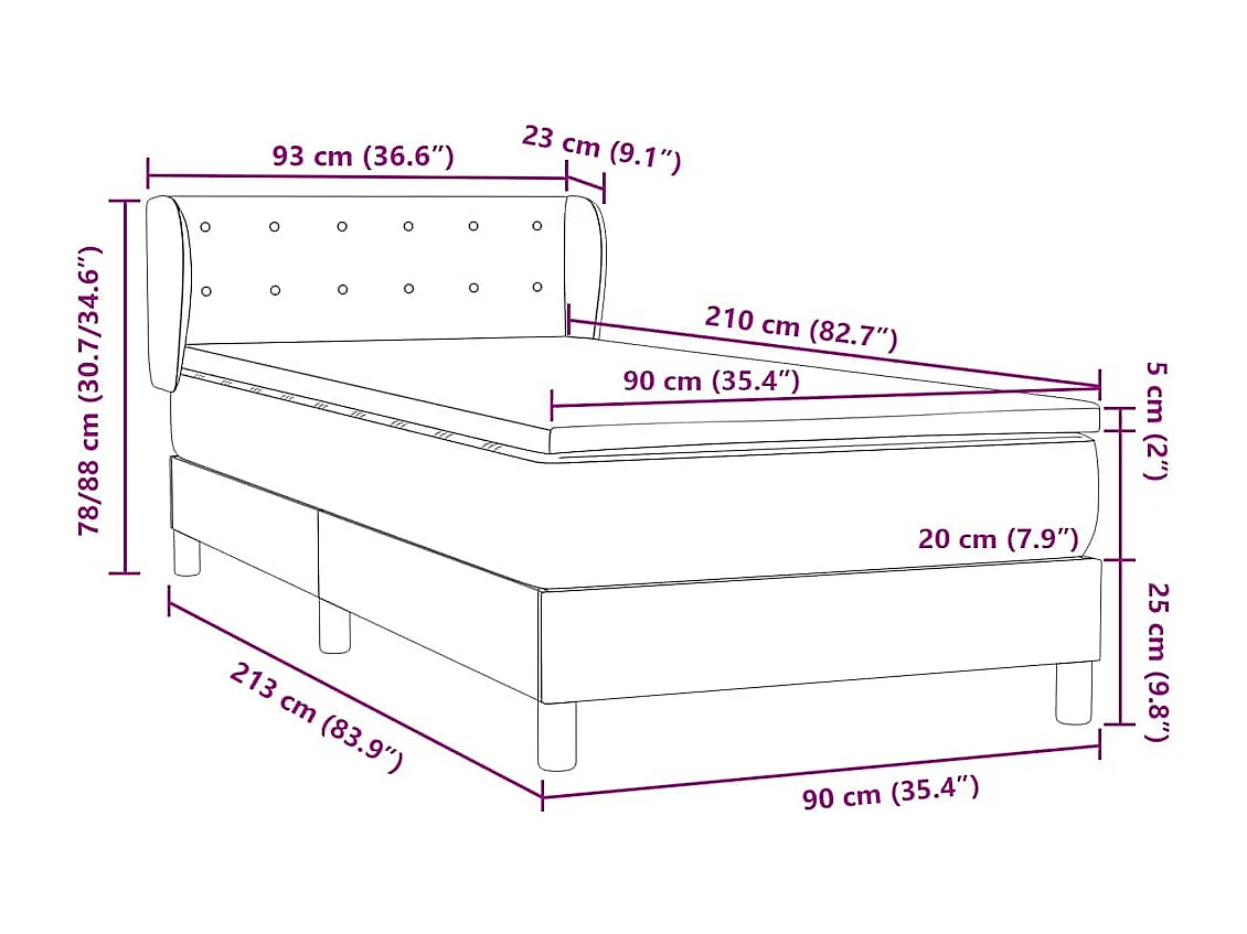 Giroletto a Molle con Materasso Nero 90x210 cm in Velluto