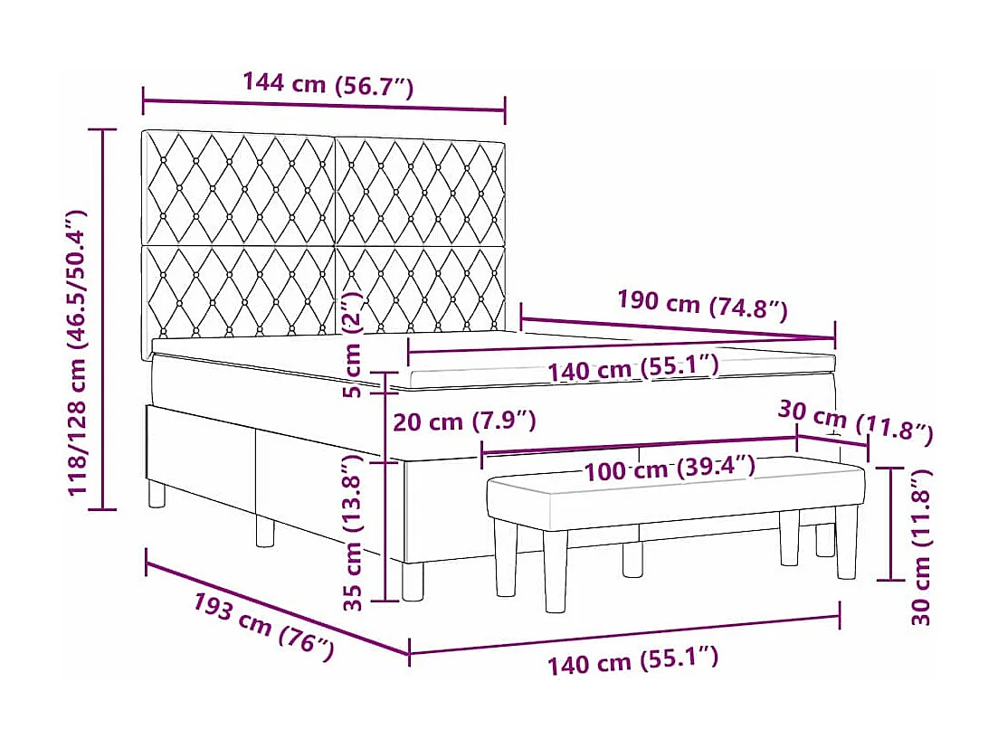 Lit à ressorts avec matelas Rose 140 x 190 cm Velours