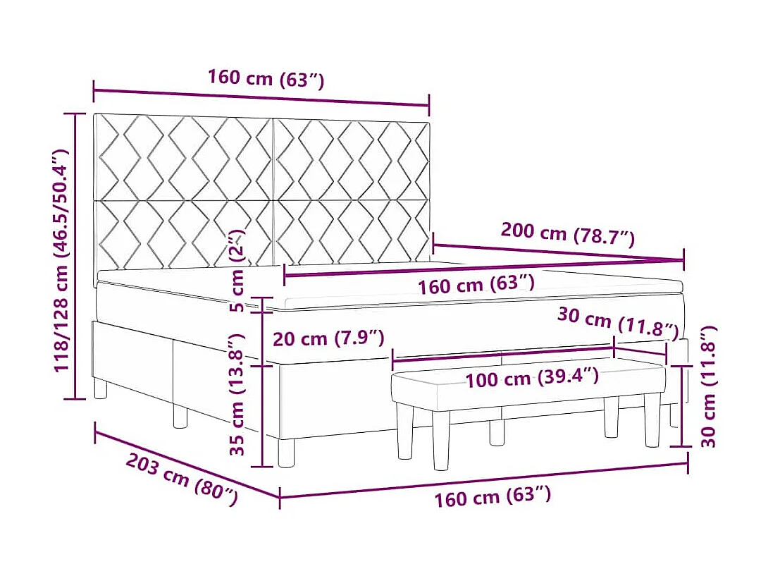 Cama Box com colchão com cabeceira Cinzento-claro 160 x 200 cm
