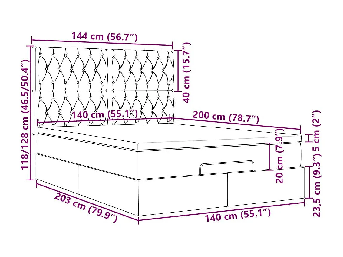 Cadre de lit ottoman et matelas gris clair 140x200 cm tissu
