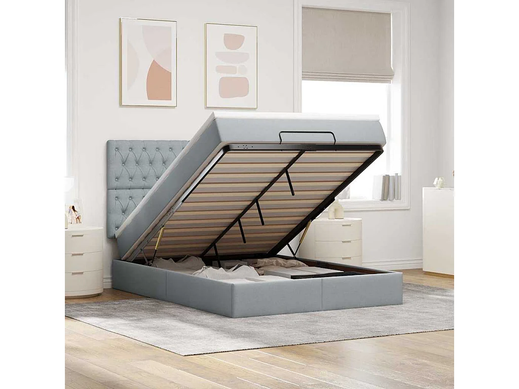 Cadre de lit ottoman et matelas gris clair 140x200 cm tissu