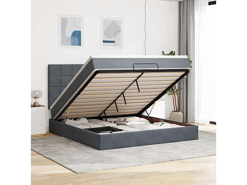Cadre de lit ottoman avec matelas gris foncé 160x200cm velours