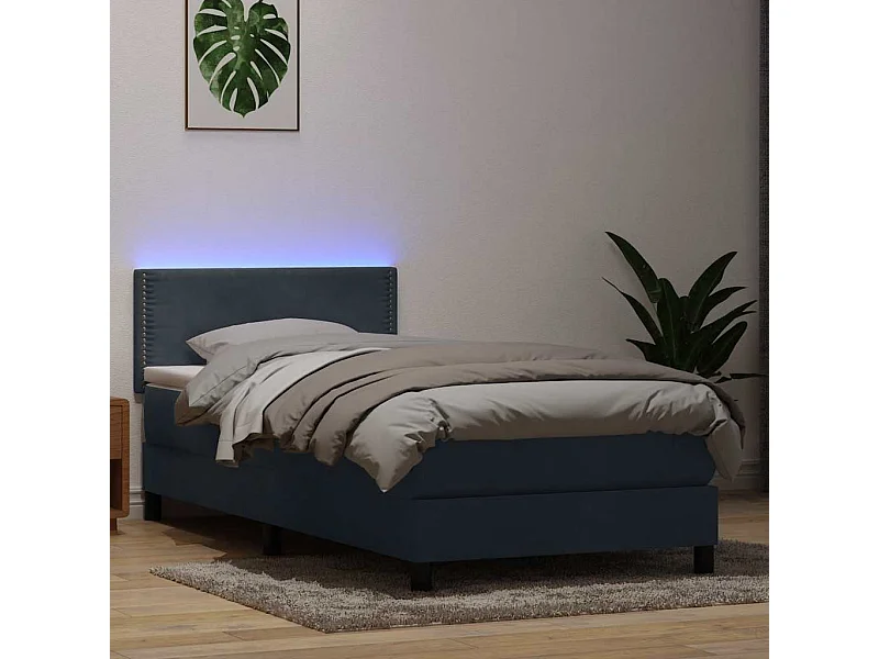 Sommier à lattes de lit et matelas et LED gris foncé 90x210 cm velours