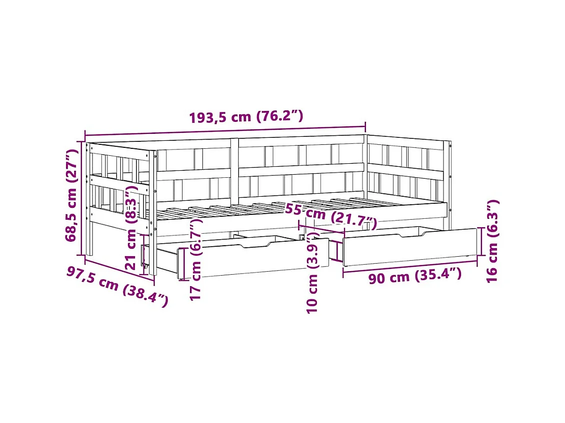 Slaapbank met lades 90x190 cm massief grenenhout wit