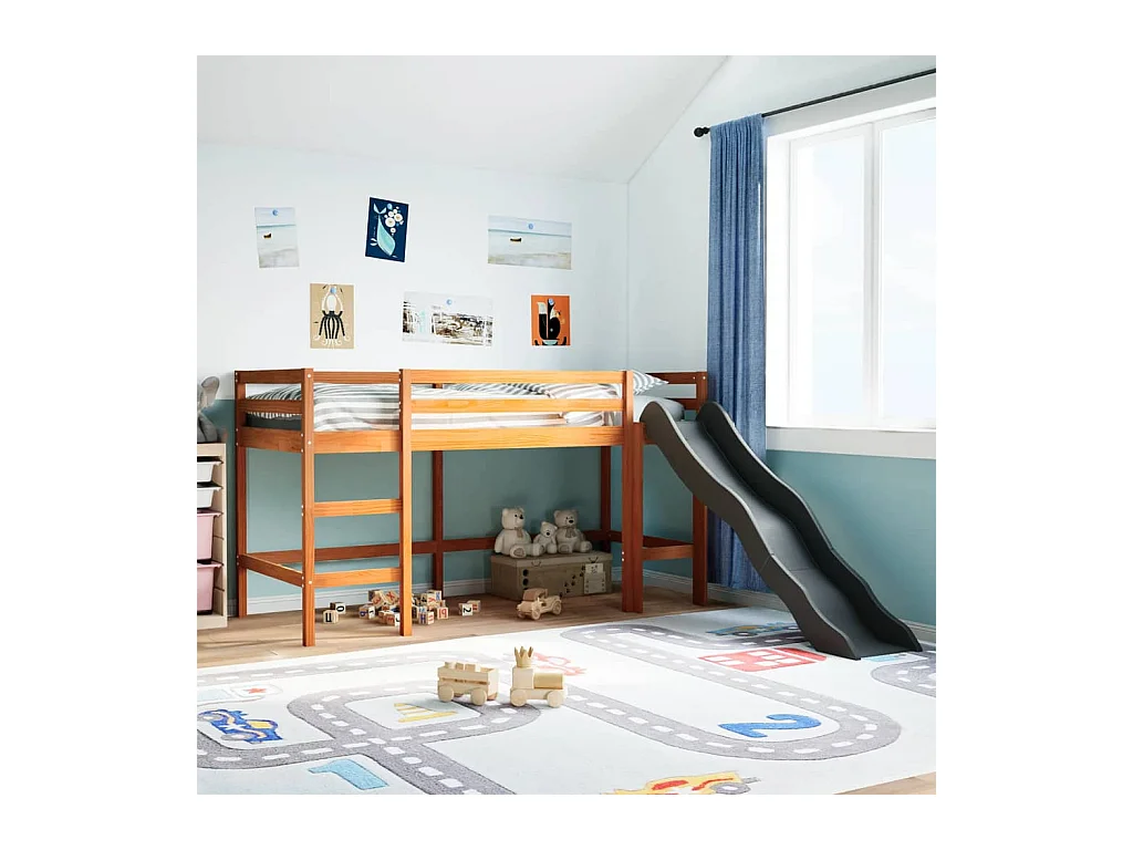 Letto Soppalco senza Materasso Bambini Marrone Cera 90x200 Pino