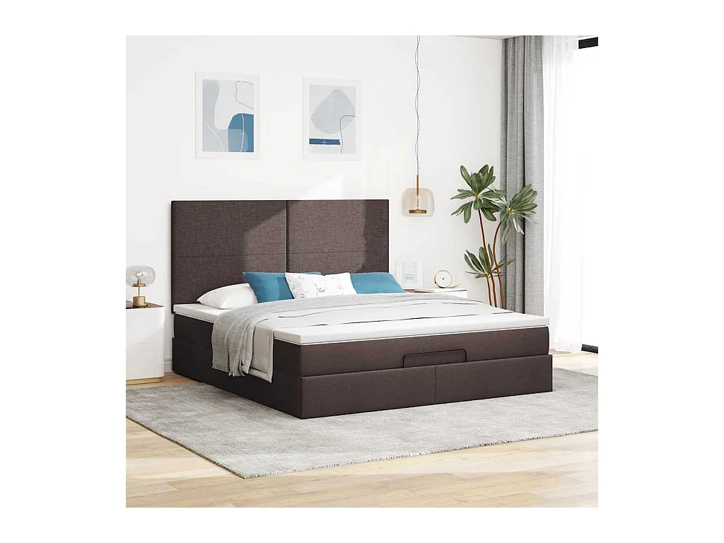 Cadre de lit ottoman avec matelas marron foncé 160x200 cm tissu