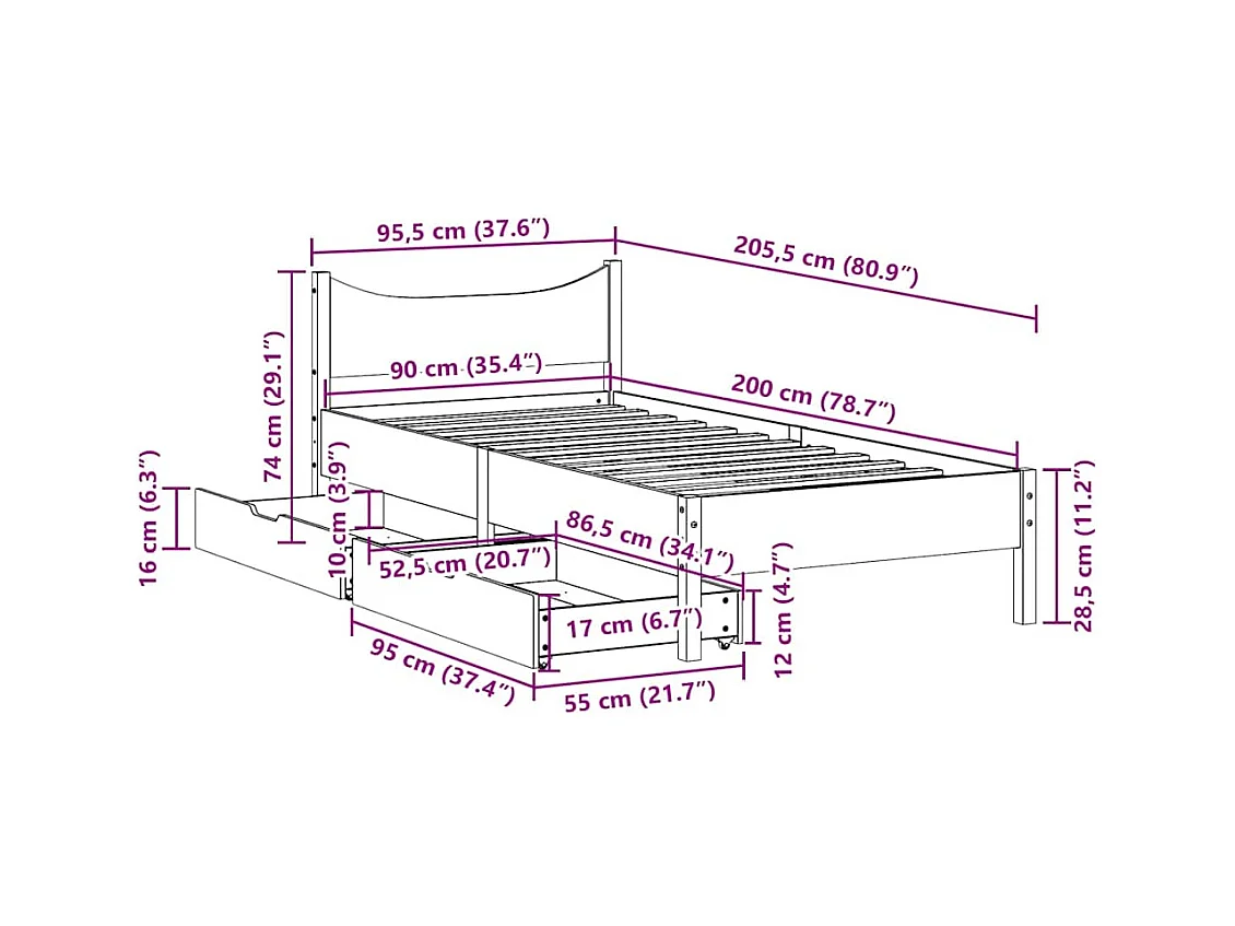 Cadre de lit avec tiroirs blanc 90x200 cm bois de pin massif