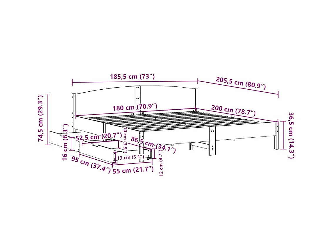 Letto senza Materasso Bianco 180x200 cm Legno Massello di Pino