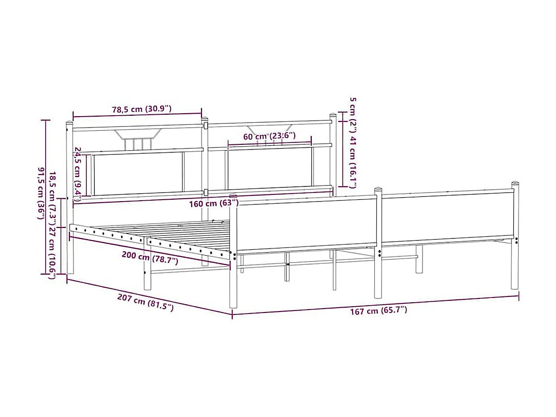 Cadre de lit en métal sans matelas chêne marron 160x200 cm