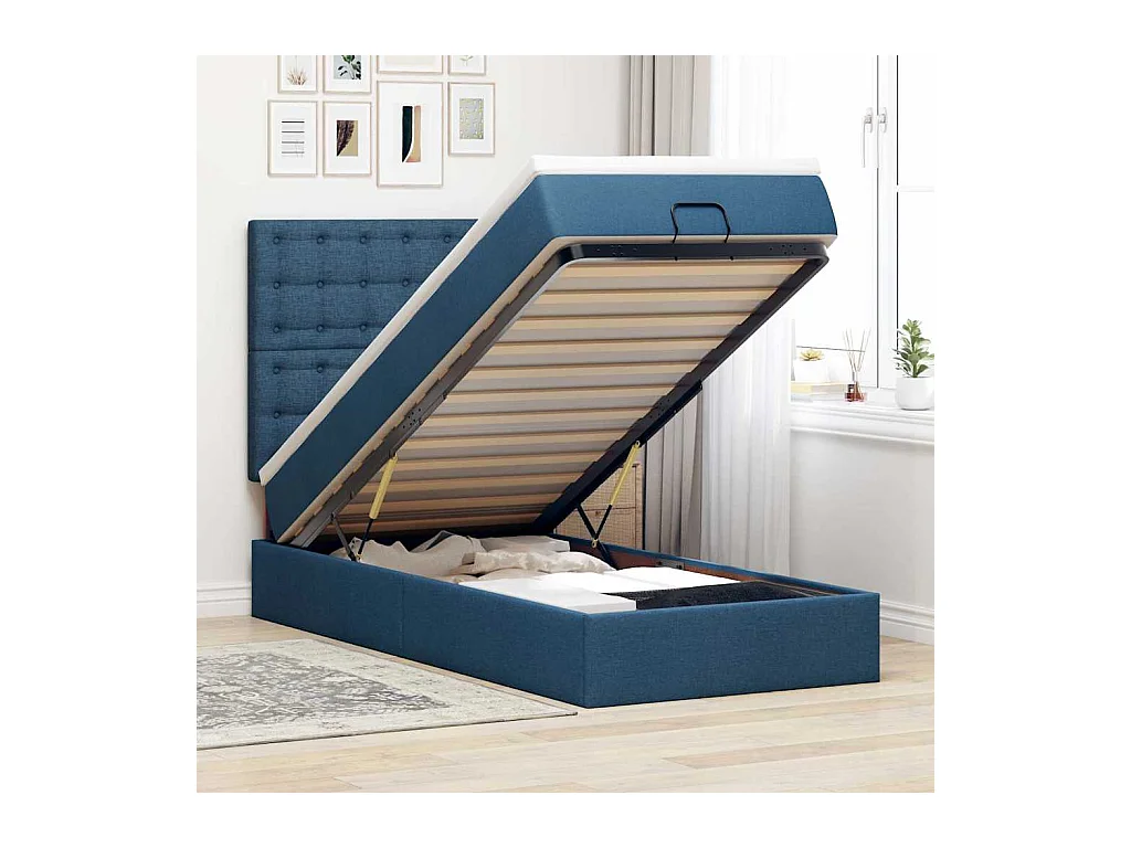 Cadre de lit ottoman avec matelas bleu 90x190 cm tissu