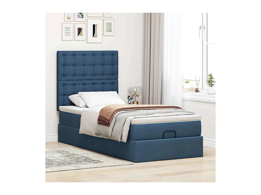 Cadre de lit ottoman avec matelas bleu 90x190 cm tissu