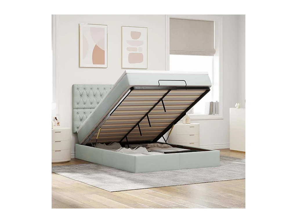 Ottoman-Bett mit Matratzen & LEDs Hellgrau 140x200 cm Samt