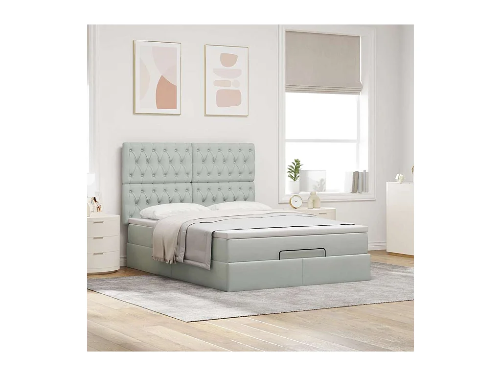 Ottoman-Bett mit Matratzen & LEDs Hellgrau 140x200 cm Samt