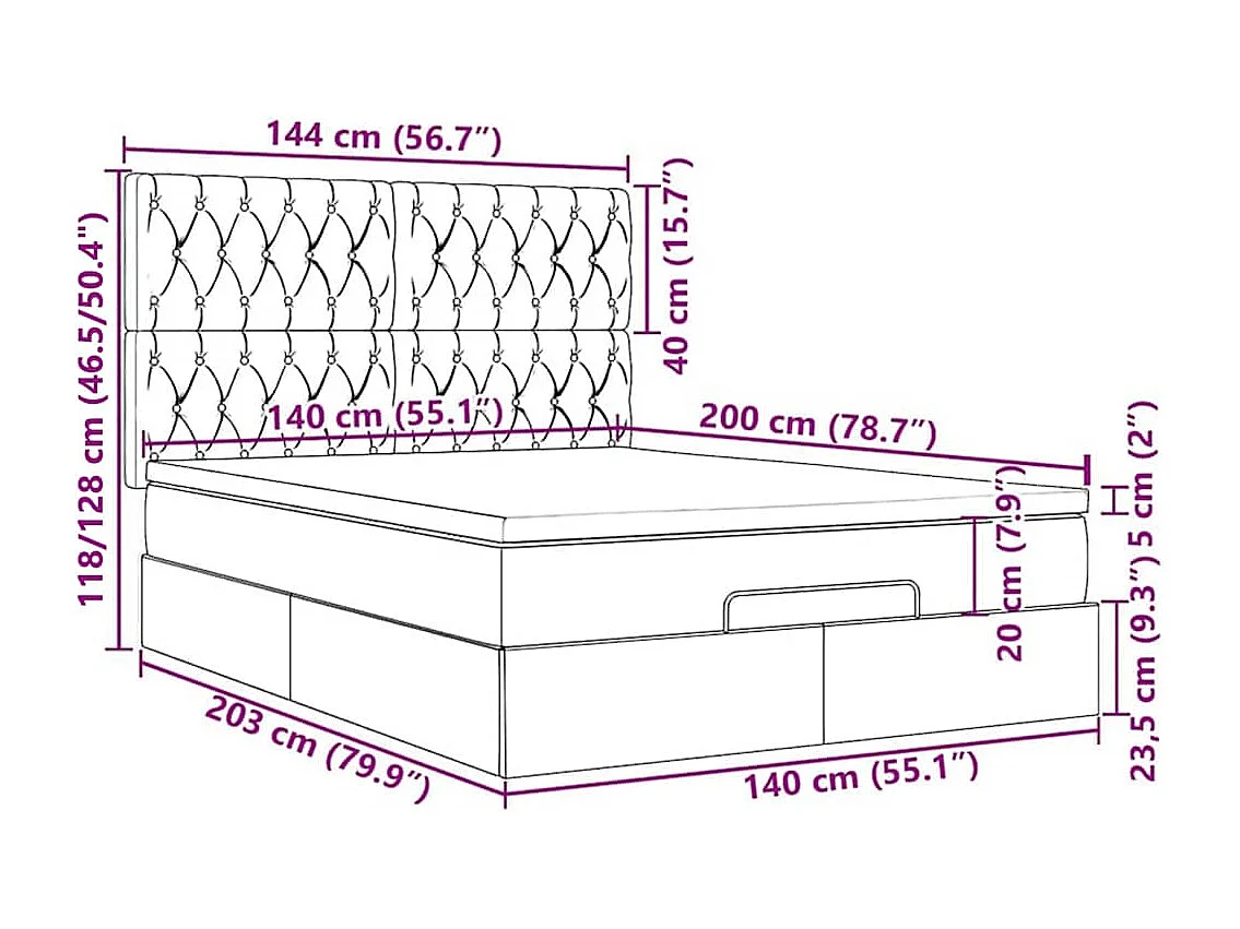 Cadre de lit ottoman avec matelas gris clair 140x200 cm velours