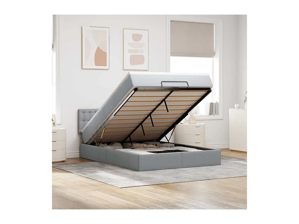 Ottoman bed met matras en LED's 140x200cm stof lichtgrijs