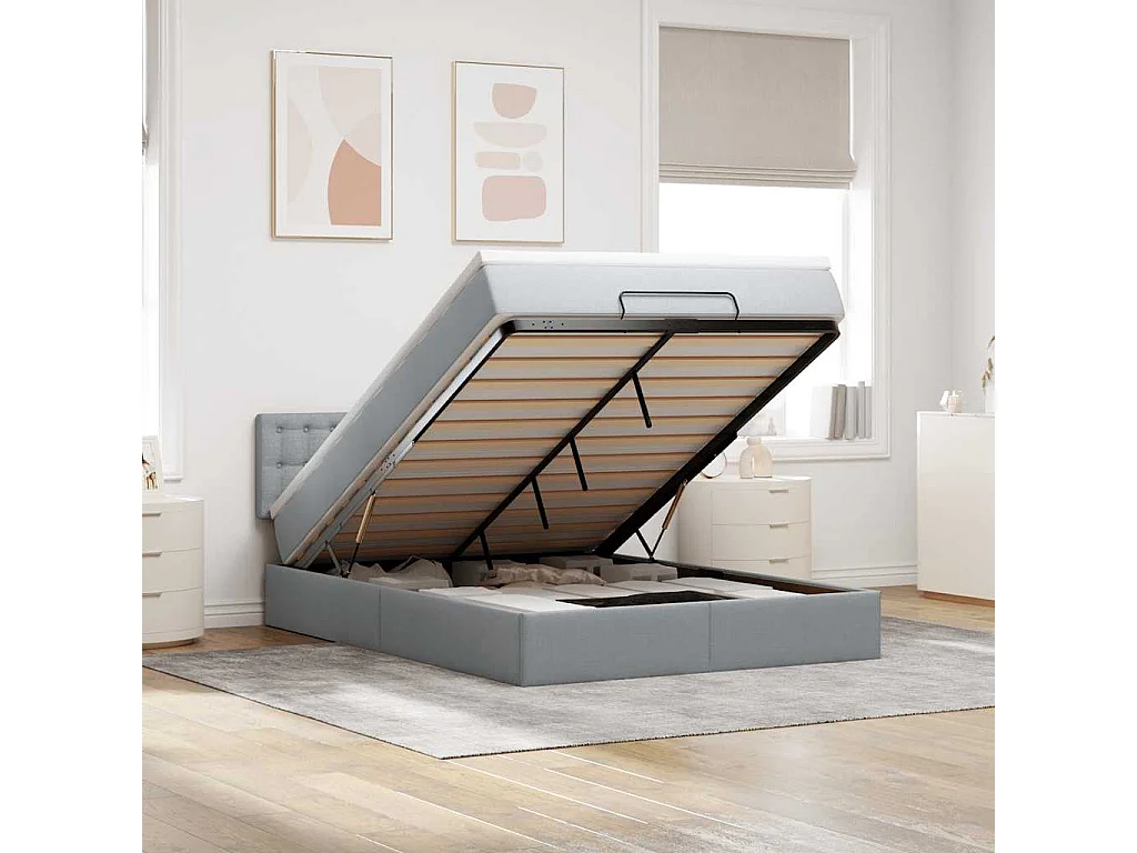 Cadre de lit ottoman et matelas gris clair 140x200 cm tissu