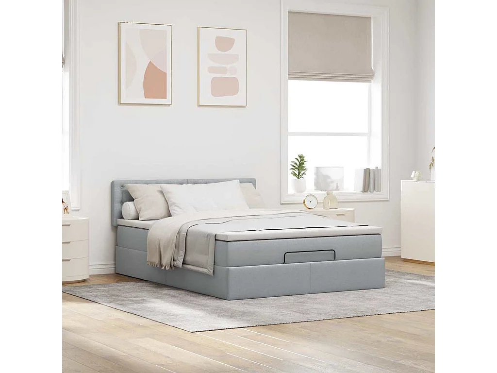 Cadre de lit ottoman et matelas gris clair 140x200 cm tissu