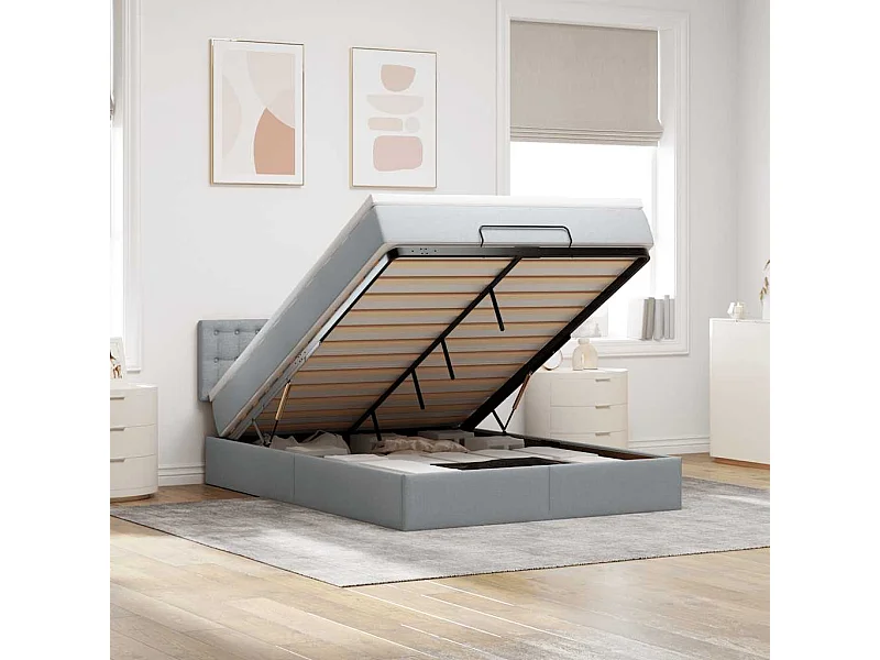 Cadre de lit ottoman et matelas gris clair 140x200 cm tissu