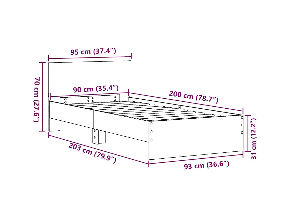 Cadre de lit chêne artisanal 90 x 200 cm Bois d'ingénierie