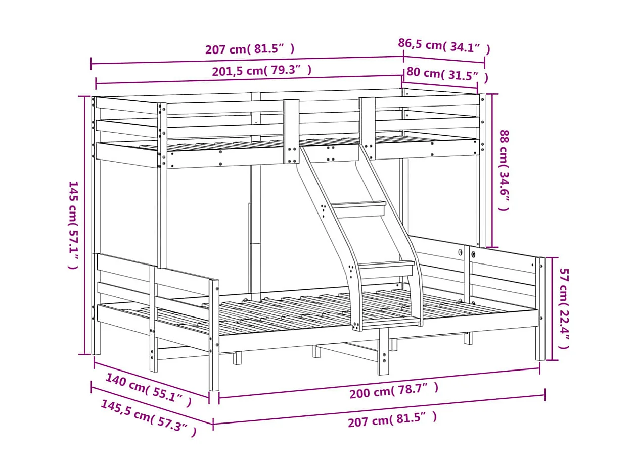 Etagenbett 80x200/140x200 cm Wachsbraun Massivholz Kiefer