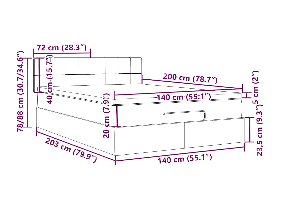 Cadre de lit ottoman et matelas gris clair 140x200 cm tissu