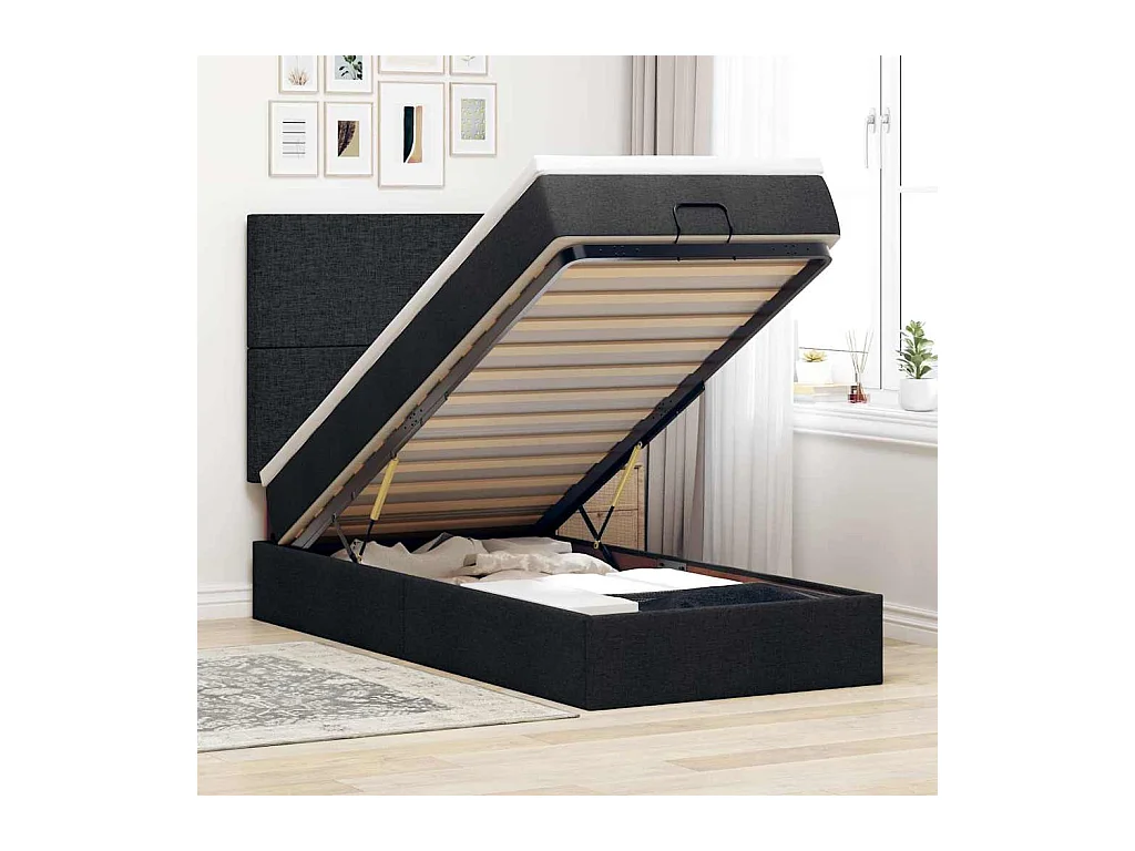 Cadre de lit ottoman avec matelas noir 100x200cm tissu