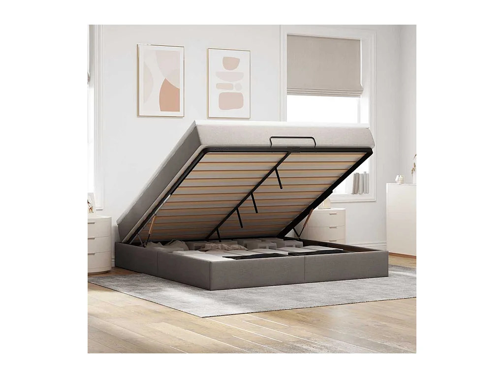 Cadre de lit ottoman avec matelas taupe 180x200 cm tissu