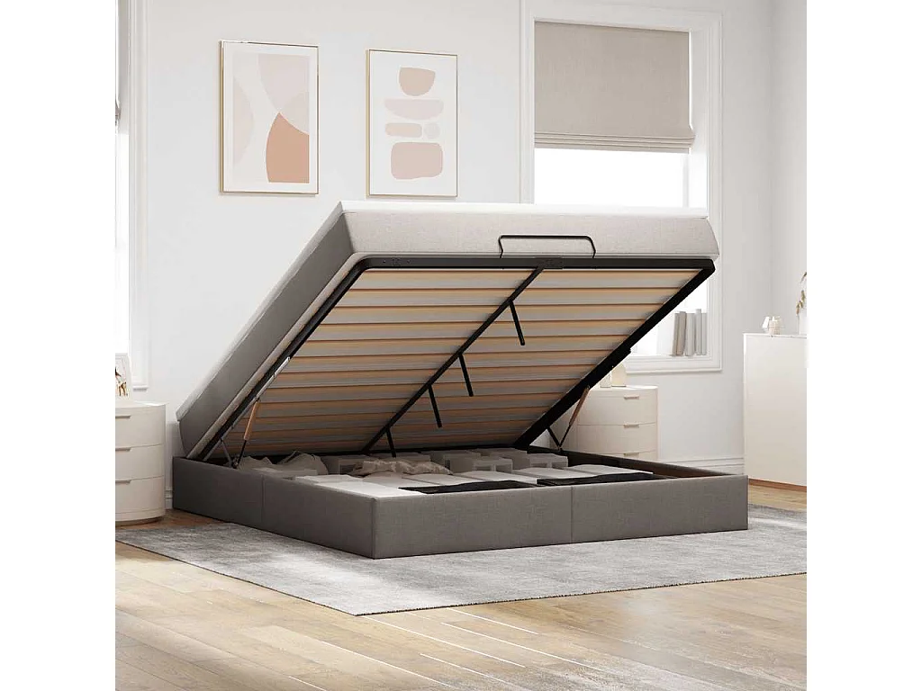 Cadre de lit ottoman avec matelas taupe 180x200 cm tissu