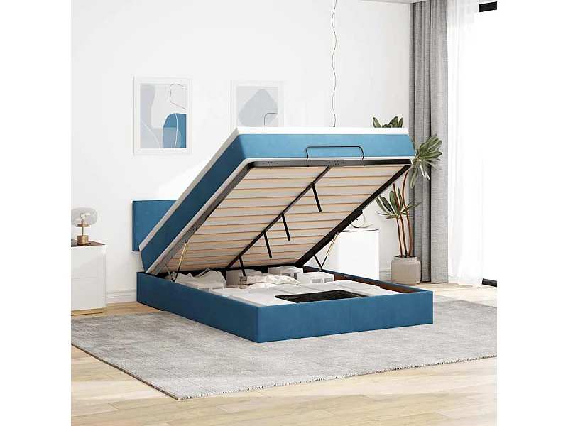 Estructura de cama otomana con colchón terciopelo azul oscuro