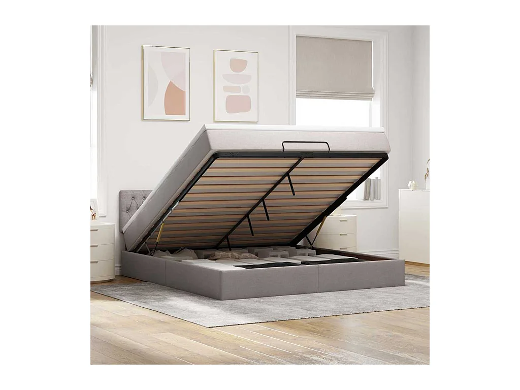 Cadre de lit ottoman avec matelas taupe 160x200 cm tissu