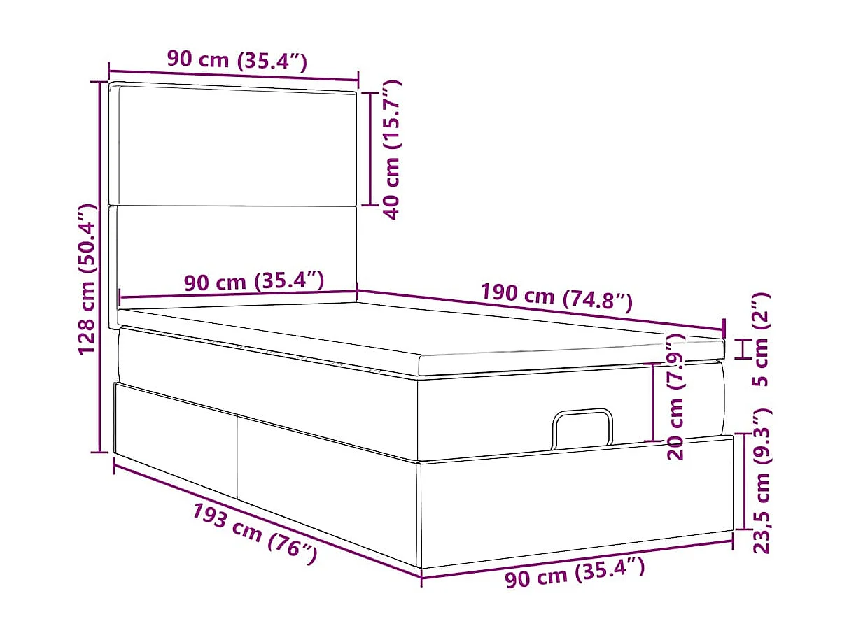 Estrutura cama otomana com colchões azul escuro 90x190cm veludo