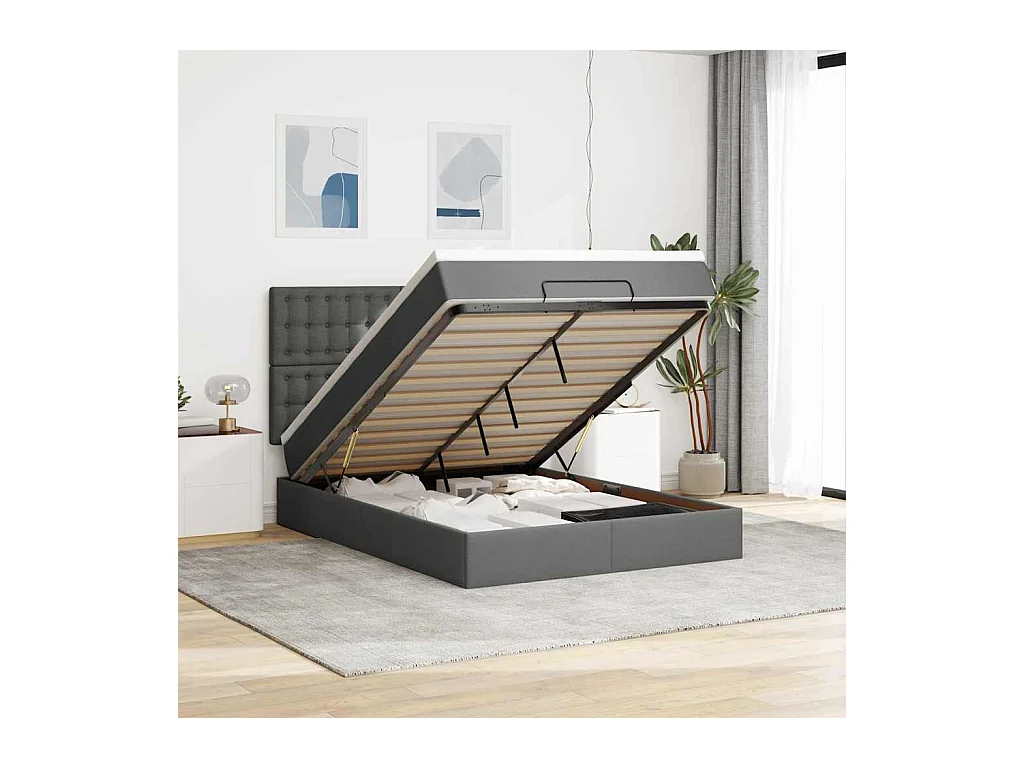 Cadre de lit ottoman avec matelas gris foncé 140x190 cm tissu