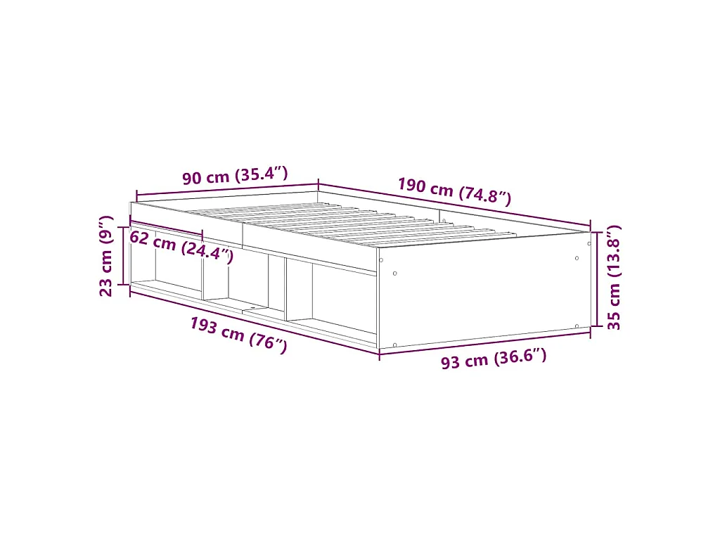 Cadre de lit sans matelas chêne artisanal 90x190 cm