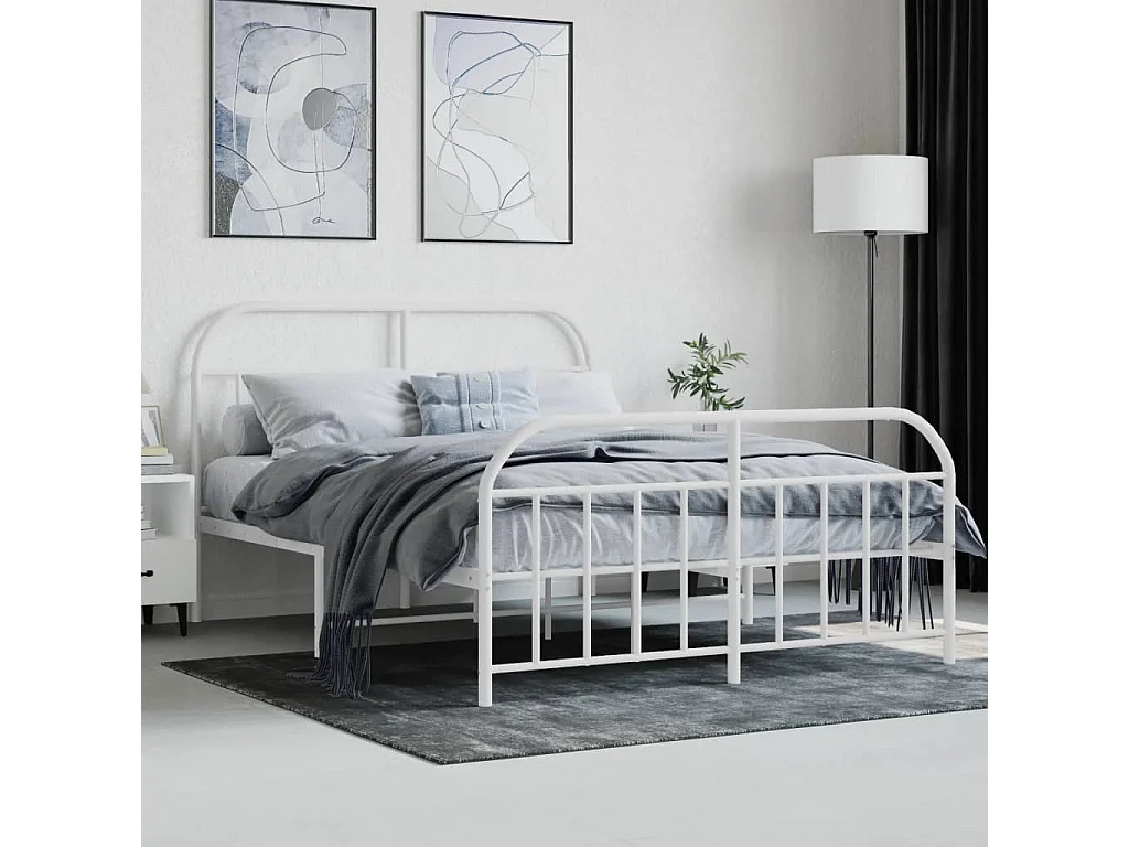 Cadre de lit métal sans matelas et pied de lit blanc 140x200 cm