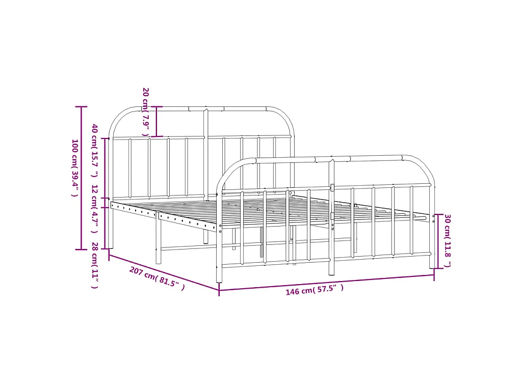 Cadre de lit métal sans matelas et pied de lit blanc 140x200 cm