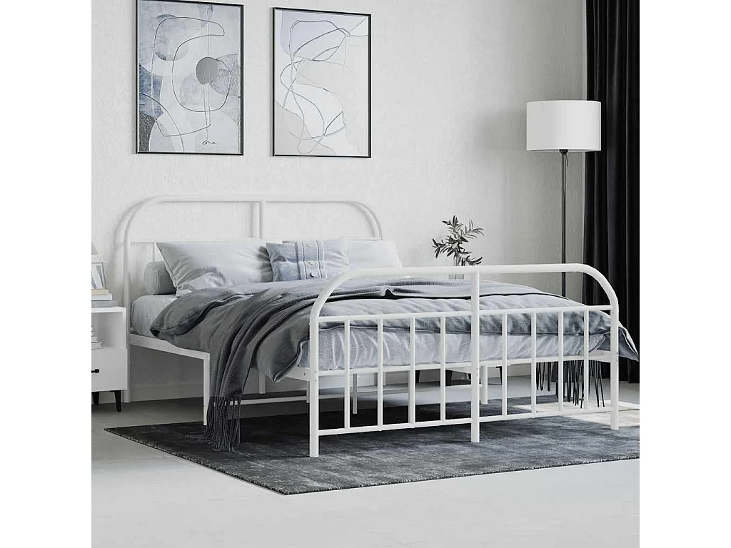 Cadre de lit métal sans matelas et pied de lit blanc 140x200 cm