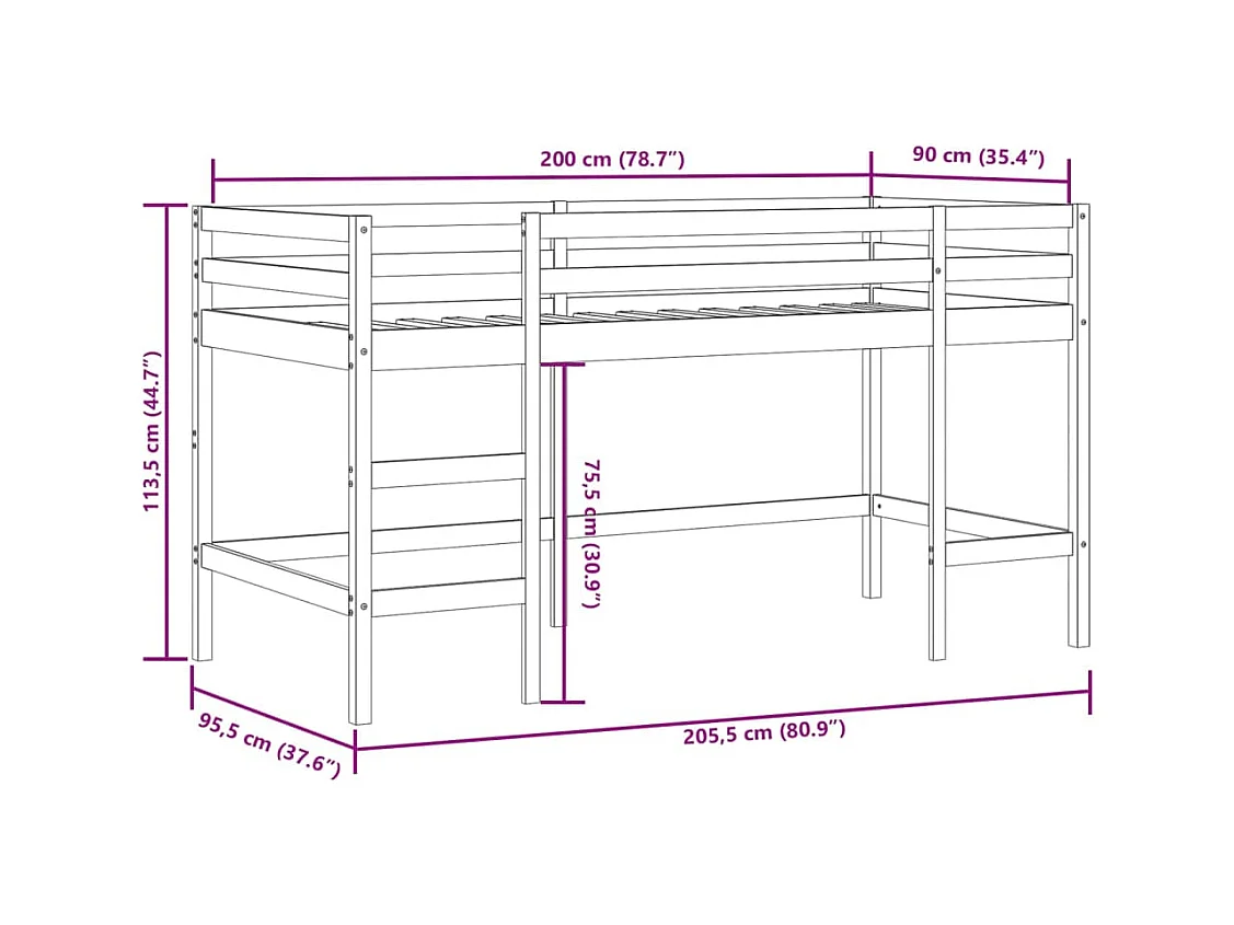 Lit mezzanine enfants avec rideaux sans matelas bleu 90x200cm