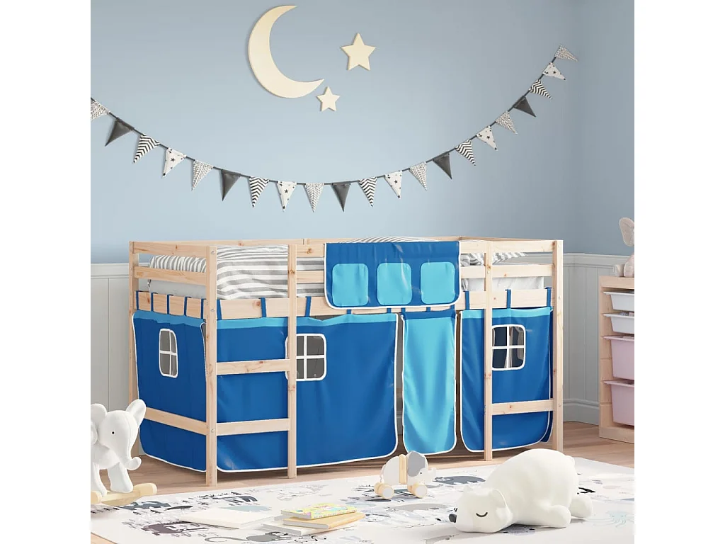 Lit mezzanine enfants avec rideaux sans matelas bleu 90x200cm