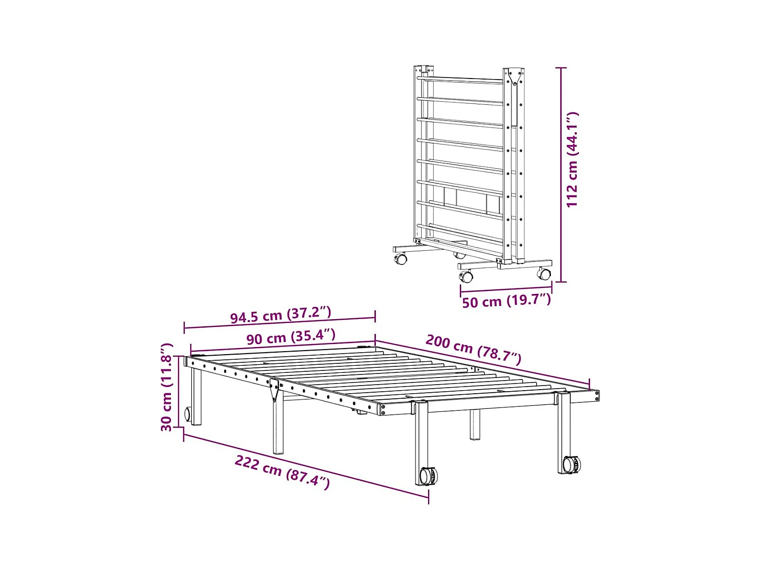 Cadre de lit sans matelas pliable blanc 90x200 cm acier