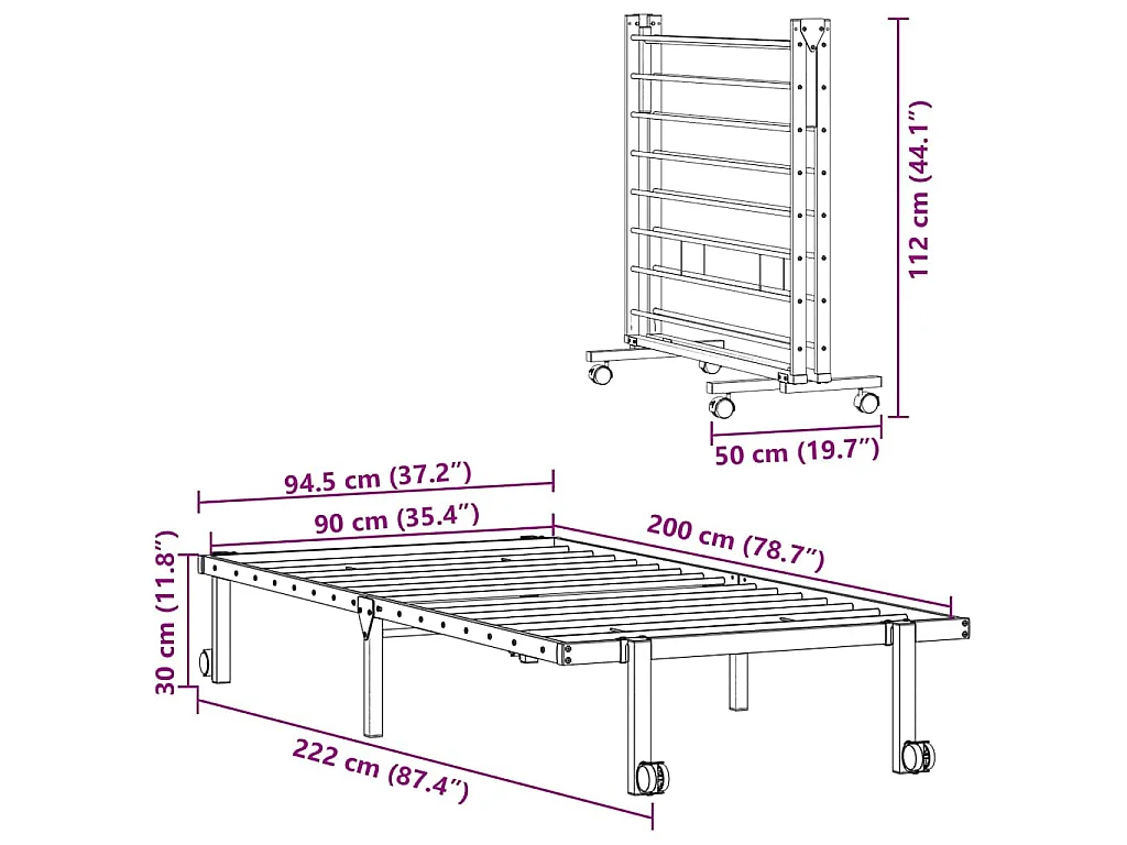 Bedframe zonder matras opvouwbaar 90x200 cm staal wit