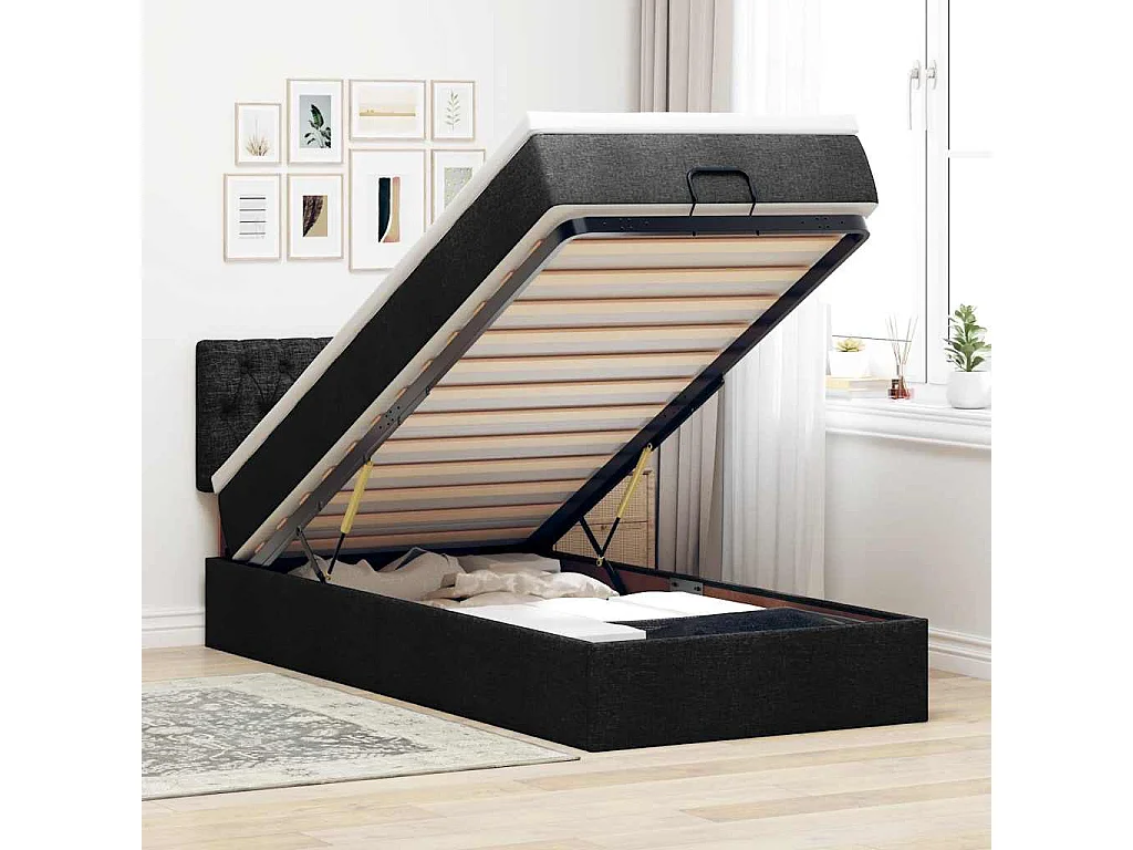 Ottoman-Bett mit Matratze & LEDs Schwarz 90x190 cm Stoff