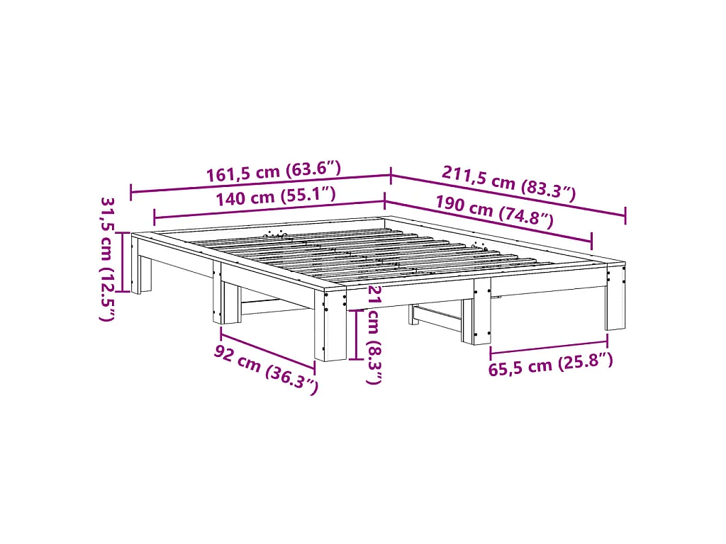Cadre de lit sans matelas cire marron 140x190cm bois pin massif