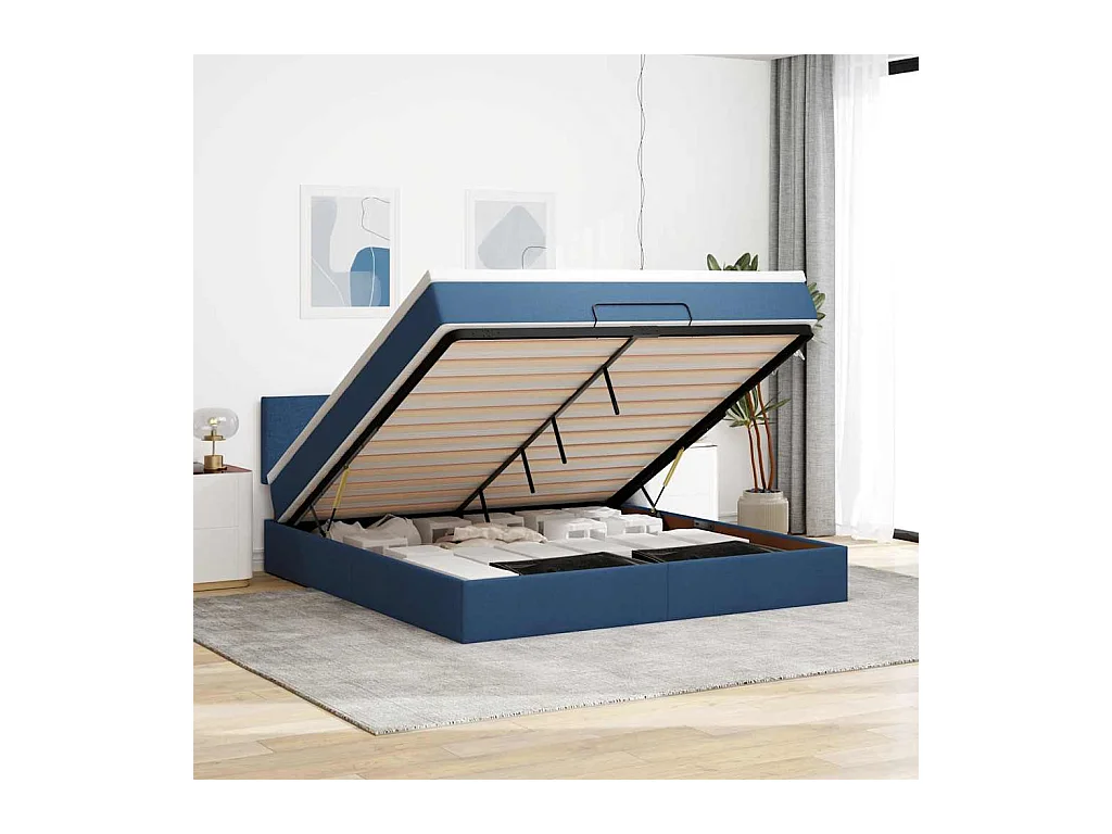 Cadre de lit ottoman avec matelas bleu 180x200 cm tissu