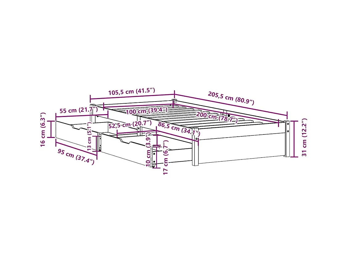 Giroletto senza Materasso Bianco 100x200 cm Legno Massello Pino
