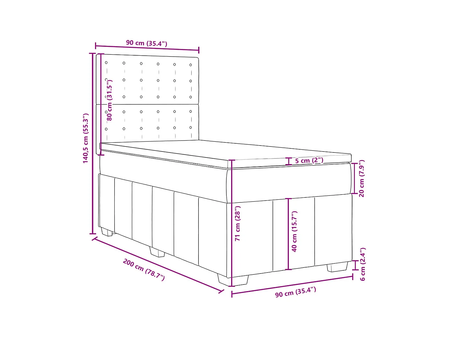 Cama box spring con colchón tela gris oscuro 90x200 cm
