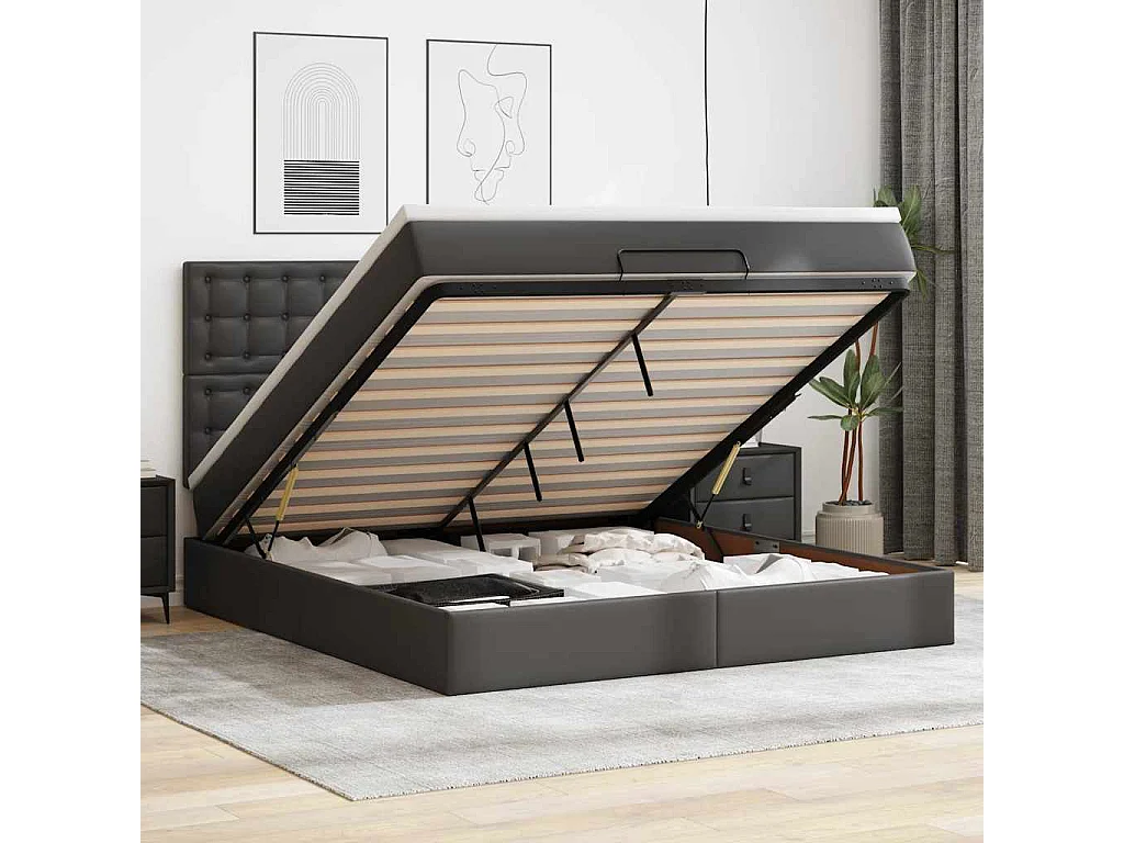 Ottoman-Bett mit Matratze & LEDs Schwarz 180x200 cm Kunstleder