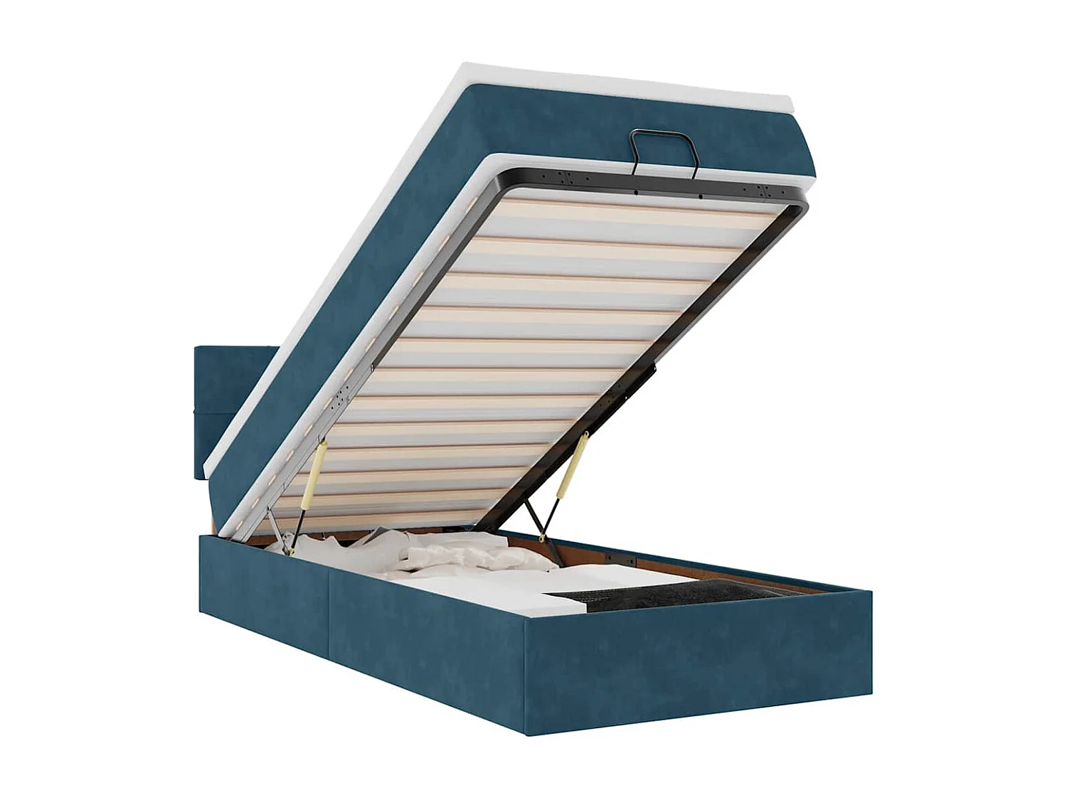 Estructura de cama otomana colchón terciopelo azul oscuro