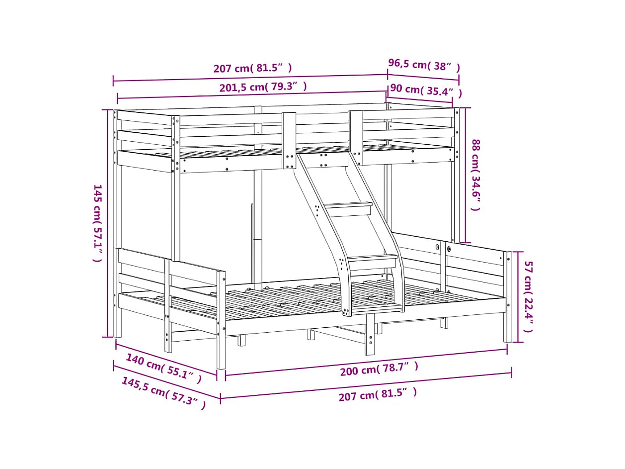 Lit superposé sans matelas 90x200/140x200 cm bois massif
