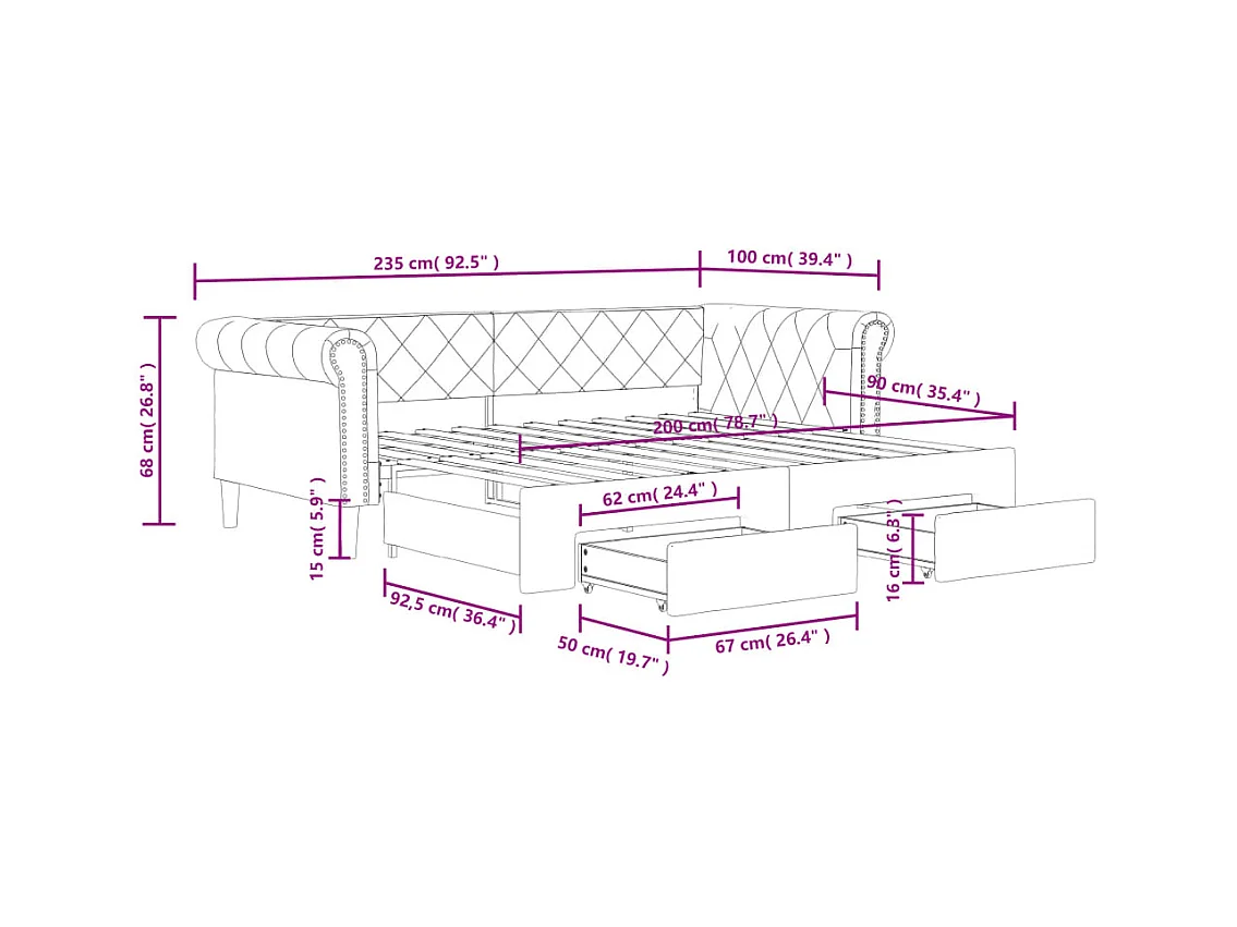 Lit de jour avec gigogne et tiroirs sans matelas crème 90x200cm